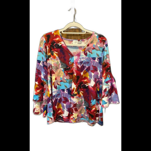 Cupio Blouse Size Large Colorful Bright Pink Purple +Stretch V Neck Bell Sleeves - Picture 1 of 10
